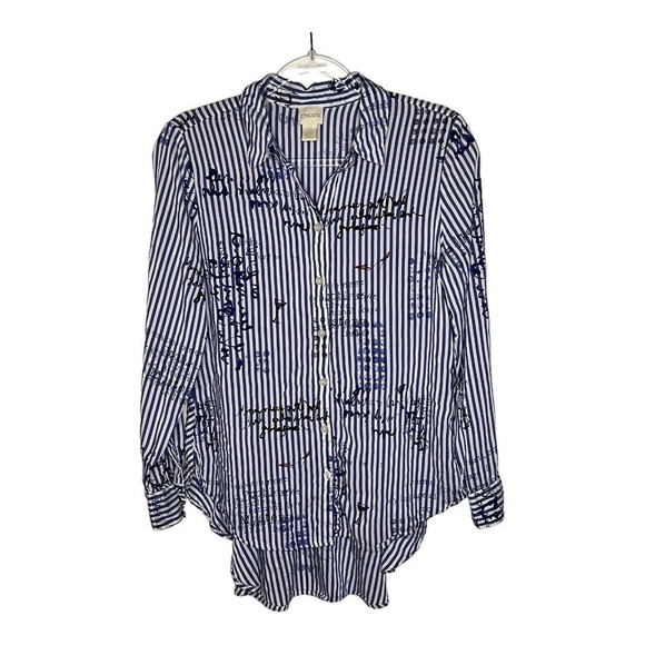 Chicos Womens Top Blue Stripe Graphic Print Hi Low Peplum Size Medium 1 Blouse - Picture 1 of 13